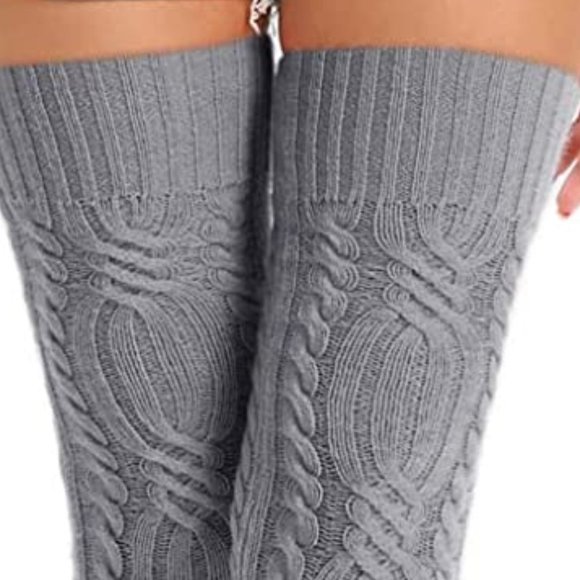 Cable Knit Thigh High Socks Extra Long Gray - Picture 7 of 8